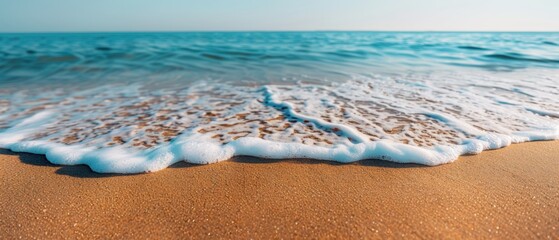 Fototapeta premium Tranquil Serenity - Minimalist Beach Scene with Soft Sand, Calm Waves, and Clear Sky