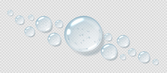 Serum drops, clear gel droplets, realistic glossy liquid, moisturizing cosmetic product, hyaluronic acid concept. Vector illustration.