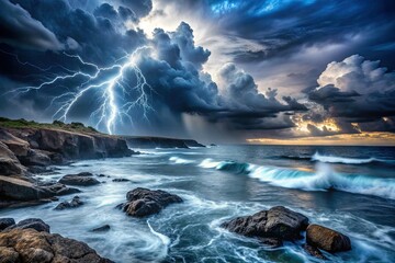 Obraz premium dramatic intense stormy weather dark brooding clouds ominous lightning flashes rough seas rocky coastline crashing waves rough landscape