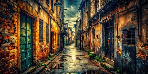 Fototapeta premium Rustic Grunge Urban Decay Vintage Aged Distressed Textures City Alleyway Moody Atmospheric Mysterious