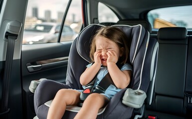 Candid Photograph of a Crying Toddler Girl Sitting in a Car Seat, Highlighting the Importance of Baby Safety and Comfort During Travel