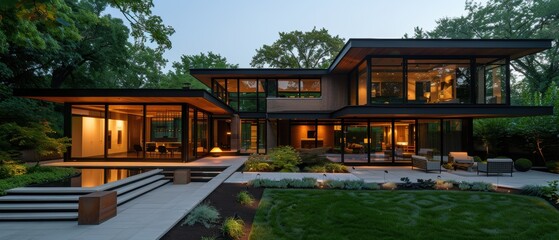 Fototapeta premium Modern Elegance: Stunning Shot of Minimalist Home Exterior with Large Windows and Pristine Garden
