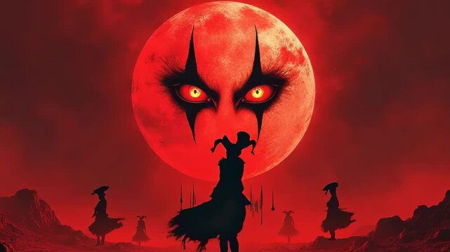 Medieval jester dances beneath dual-faced crimson moon. Silhouetted figures contrast against textured blood-red landscape. Eerie atmosphere evokes dark fantasy and ancient folklore.	