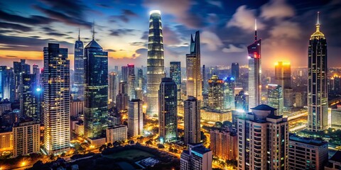 Fototapeta premium a photo image of a stunning evening shot of a lavish cityscape with glittering skyscrapers and bright lights scattered across a pitch-black background