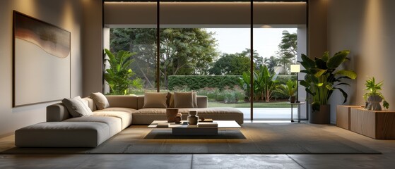 Fototapeta premium Contemporary Minimalist Living Room with Large Window, Sofa, and Coffee Table in