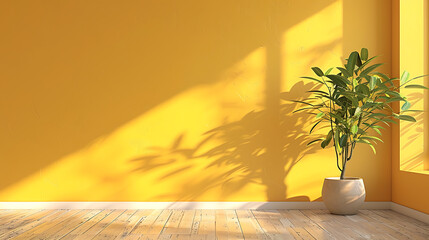 A potted plant stands in a room with bright yellow walls and wooden floors, sunlight streaming in from a window creating shadows.