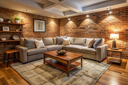 Photo image of a newly finished basement with exposed brick walls, modern furniture, and a cozy reading nook with a plush sectional sofa and floor lamp.