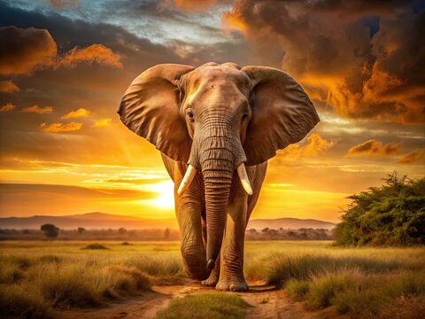 majestic savannah elefante sunset majestic powerful strong wild ancient wrinkled skin warm golden light serene peaceful calm endangered species tribute