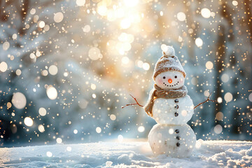 Obraz premium Christmas greeting card with bright winter holiday snowman and New Year background