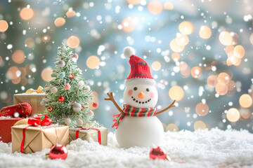 Fototapeta premium Christmas greeting card with bright winter holiday snowman and New Year background