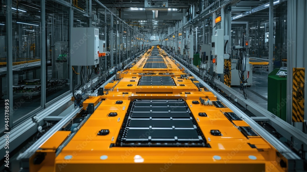 Poster factory assembly line with parts. this photo shows a modern, automated assembly line in a factory, h