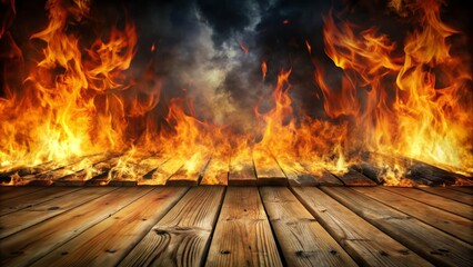 Photo image of a blazing inferno engulfing a wooden floor, with flames licking at the cracked and charred wooden planks, dark smoke billowing up.