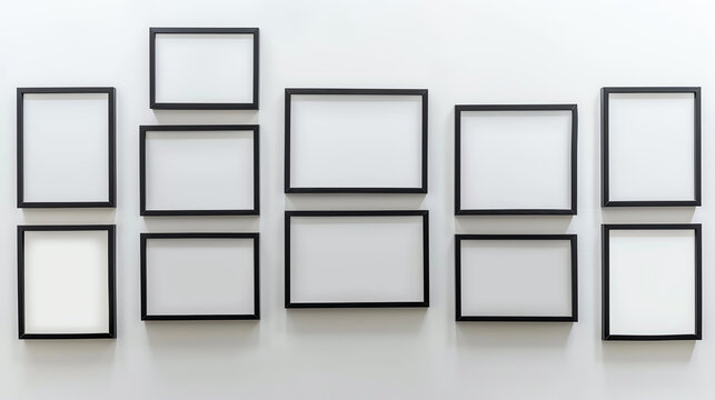 Black wooden frames with blank squares on a gallery wall