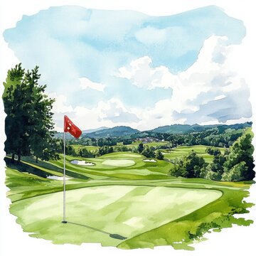 A serene watercolor painting of a golf course landscape with a flag, lush greenery, and a picturesque sky.
