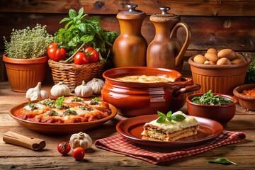 authentic traditional Italian nonna's kitchen terra cotta pottery rich earthy tones homemade lasagna ricotta cannoli