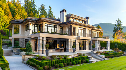 Obraz premium Luxury Modern Mansion with Lush Garden and Mountain View