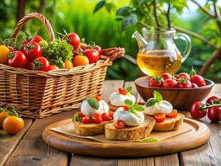 breezy summer al fresco dining natural woven reed basket bruschetta vine-ripened tomatoes burrata mozzarella