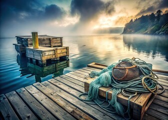 dreamy soft focus morning fog rolling in over weathered wooden piers fishing nets tangled ropes...