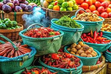 Fototapeta premium vibrant colorful market stall bright turquoise canvas bags woven baskets overflowing with crunchy vegetables ripe fruits amidst steaming hot crab claw dish