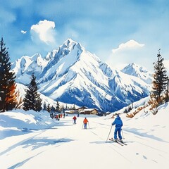 A vibrant winter scene depicting skiers on a snow-covered mountain trail surrounded by majestic peaks and clear blue skies.