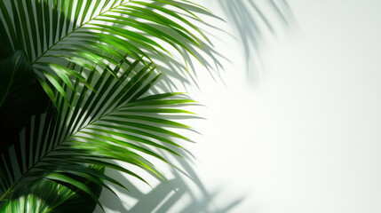 Obraz premium palm leaf extending across a minimalist white background, with subtle shadows and ample space for copy