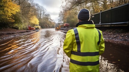 Council worker in high visible vest checks bad quality of roads. Neural network ai generated art