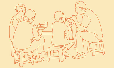 vietnamese people eating breakfast on the sidewalk