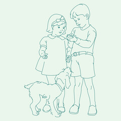 two kids are playing together outdoor with their dog - boy holding a bird