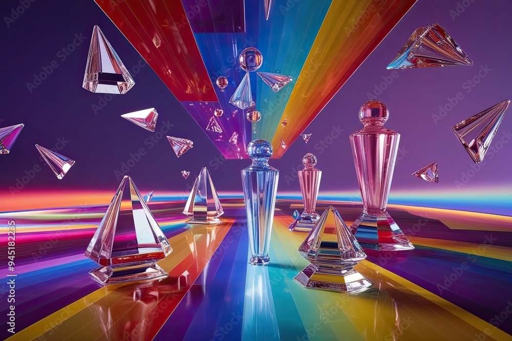 Poster surreal 3d art of angular shapes and shiny glass figures on colorful backgrounds