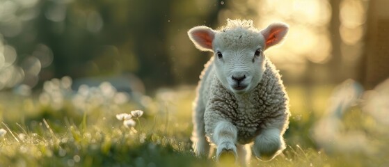 Fototapeta premium Joyful Young Lamb Frolicking in Lush Spring Meadow