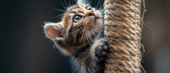 Playful Kitten Scaling a Scratching Post in a Cozy Home Environment
