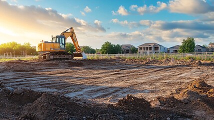 A cleared construction site with heavy machinery and an open plot of land, showcasing the early stages of building a new residential home