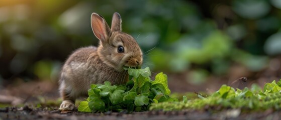Fototapeta premium Adorable Baby Rabbits Enjoying Fresh Green Leaves in a Lush Meadow