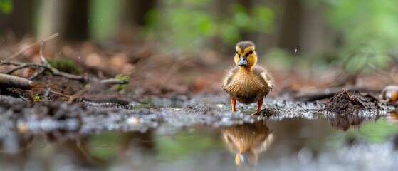 Adorable Duckling Waddling Beside Small Pond with Reflection in Water