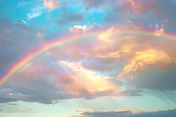 Fototapeta premium Generative ai on theme of beautiful tranquil landscape with magical bright rainbow at cloudy sky