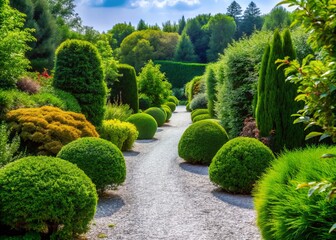 photo image of lush green bushes growing alongside a crisp white gravel path meandering through a peaceful landscape