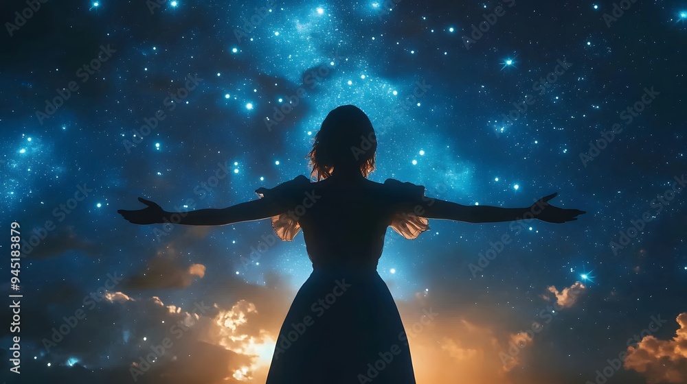 Wall mural woman silhouetted against starry night sky.