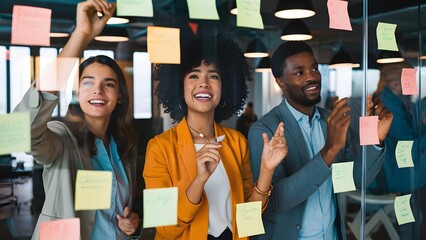 Energetic Brainstorming Session of Young, Multiracial Entrepreneurs in a Modern Office, Using Sticky Notes and Writing on Glass Walls for Creative Collaboration