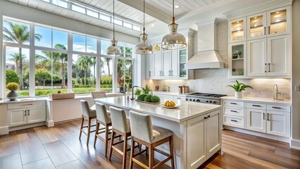 airy florida townhouse kitchen with bright white cabinets and natural light pouring in