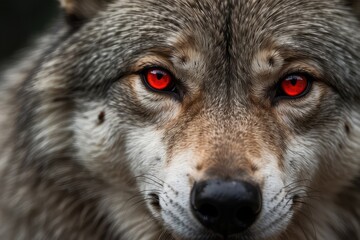 Obraz premium scary wolf with red eyes in a gloomy night forest shrouded in mist, full half-face portrait of scary wolf shifter grin in ominous dark woods ready to attack victim,