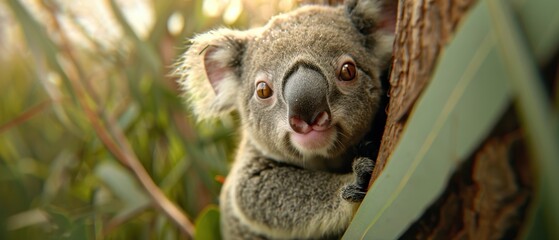 Fototapeta premium Tender Moment of a Baby Koala Clinging to its Mother in a Eucalyptus Tree