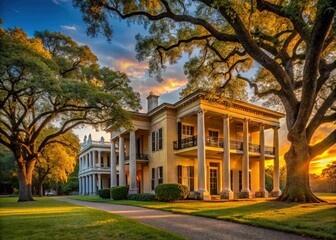 Rustic Belle Meade Plantation antebellum mansion afternoon golden hour sprawling oak trees southern charm historic revival architecture