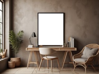 Fototapeta premium Minimalist Home Office with Wooden Desk and Wicker Chair