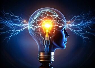 A striking silhouette of a lightbulb assumes the form of a human head, with vibrant electrical impulses radiating from its cranium like a halo of creative energy.