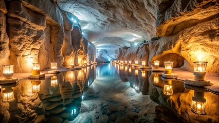 a photo image of a vast underground cavern lit by small lanterns revealing layers of white salt extracted from a natural mine