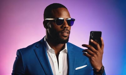 A man in a blue suit and sunglasses looks at his phone in front of a purple and blue background