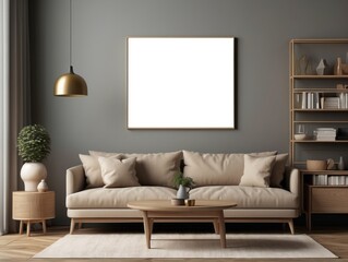 Modern Living Room with Beige Sofa, Wooden Furniture, and a Blank Canvas