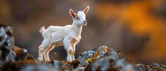 Curious Pygmy Goat Kid Exploring Rock Pile in Rural Farm Setting