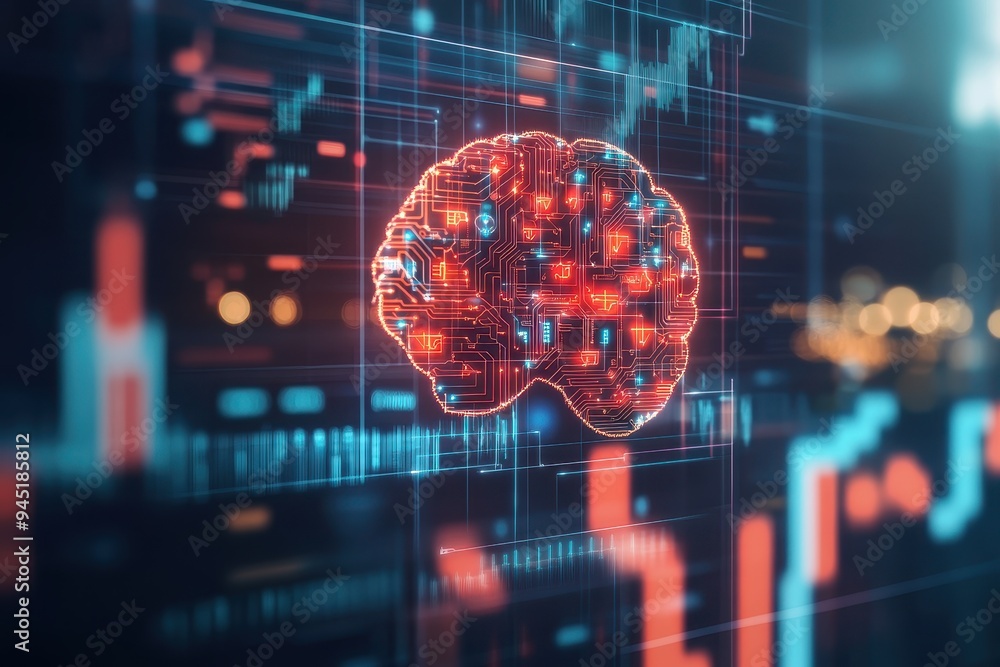 Poster futuristic financial technology concept with digital brain and circuit patterns