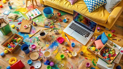 Fototapeta premium playful vibrant creative mess scattered paints broken brushes torn papers scattered crayons scattered toys laptop keyboard coffee cup worn out couch